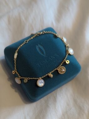 3/$25! Gold Chain Bracelet with White Mother-of-Pearl and Crystal Accents